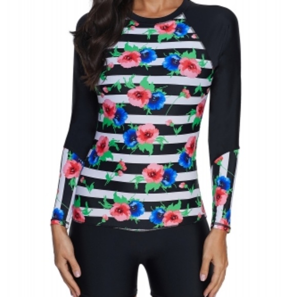 Striped Floral Patchwork Long Sleeve One-piece - Picture 6 of 7